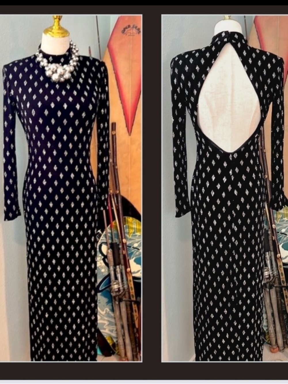 VTG Cach’e,Exquisite,Vintage Black & Silver,Open-Back Gown, Side Splits,6 - Picture 3 of 11